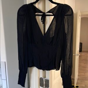 Reformation Black Puff Sleeve Back Tie Blouse